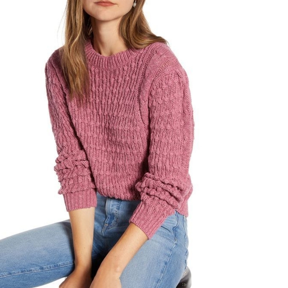 NEW Something Navy Cable Knit Sweater Pink Size Small Cotton Linen